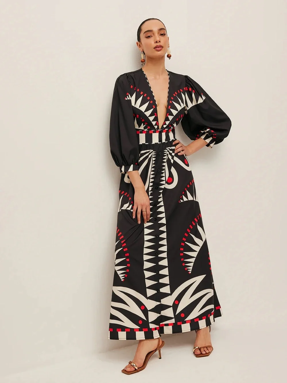 COMMENSE Boho Print V-Neck Split Dress - size Medium - Picture 6 of 8